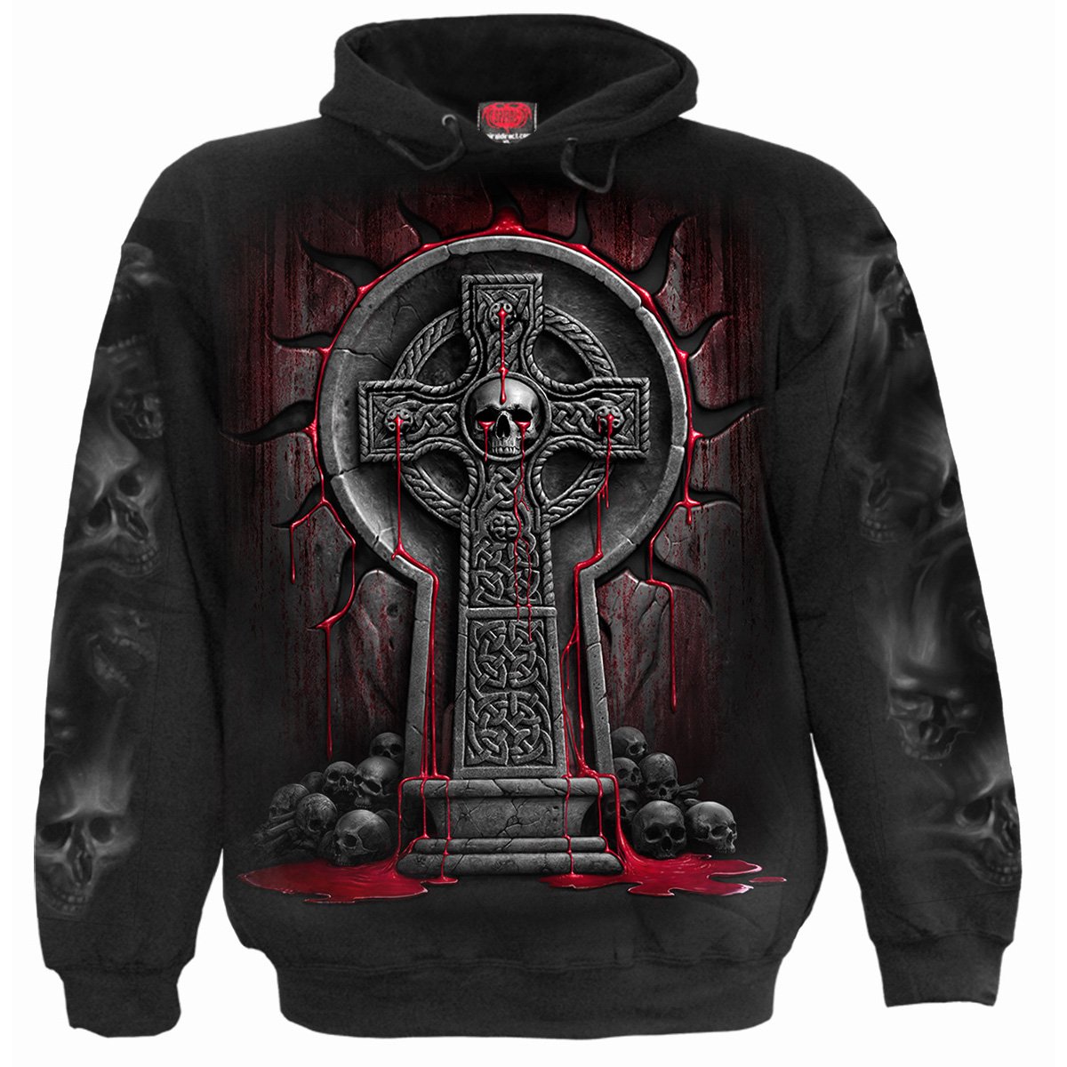 Black hoody featuring a cursed skull design with an all-seeing eye, made from 100% cotton fleece.