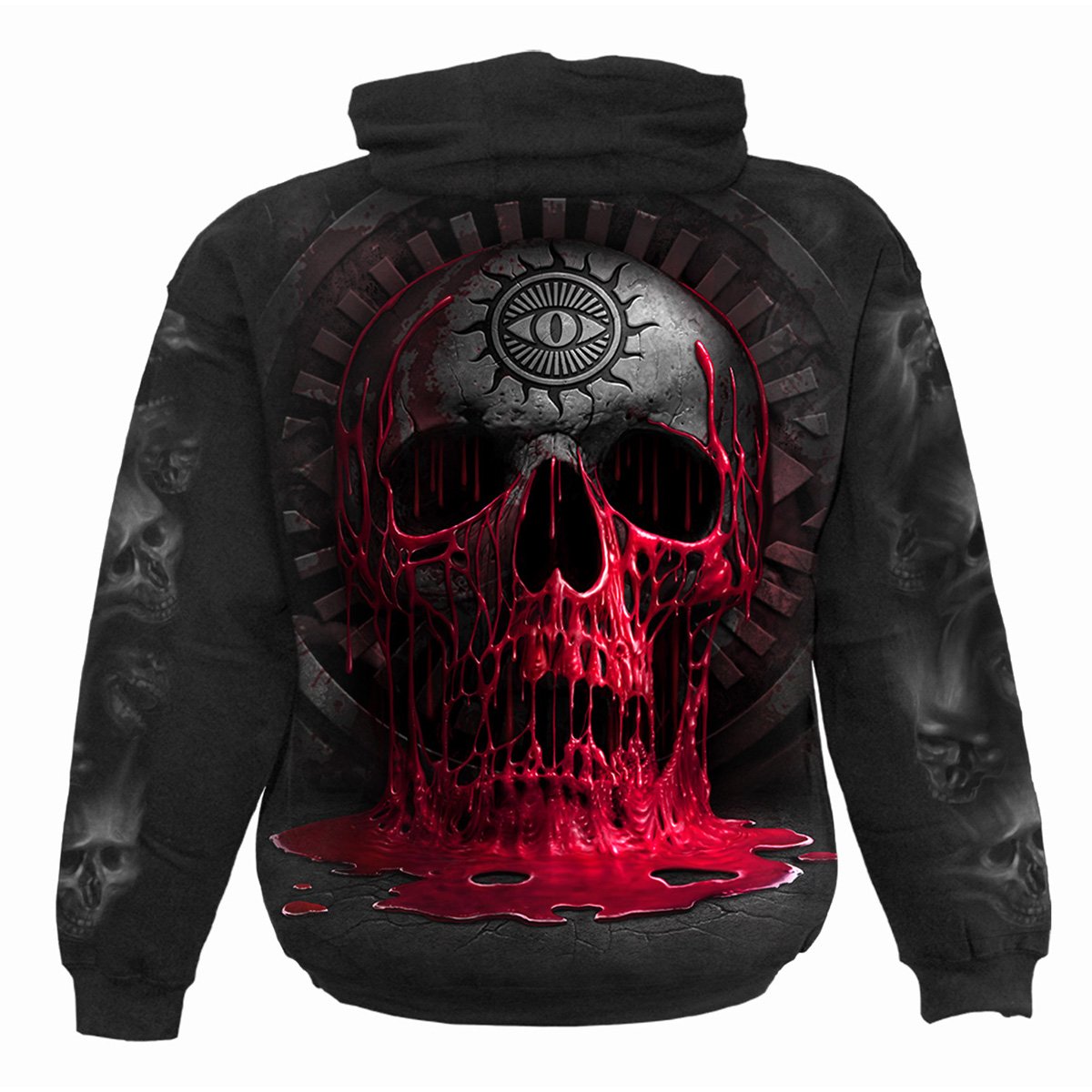 Black hoody featuring a cursed skull design with an all-seeing eye, made from 100% cotton fleece.