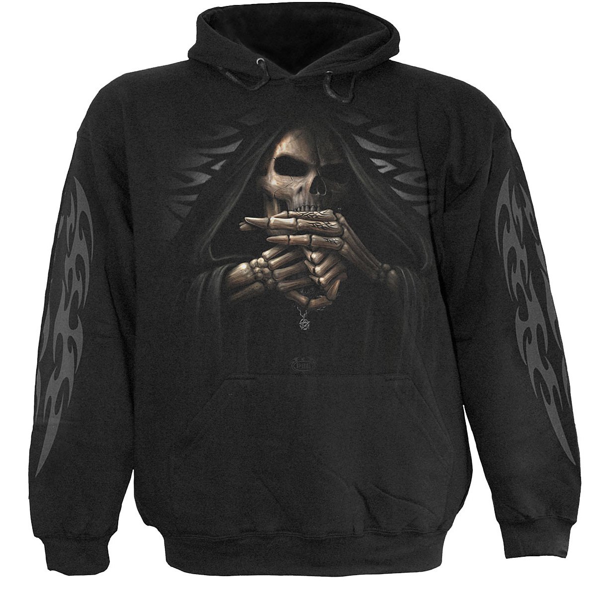 BONE FINGER Hoody Black featuring a Grim Reaper skeleton design with raised middle finger and bony knuckles on the back.