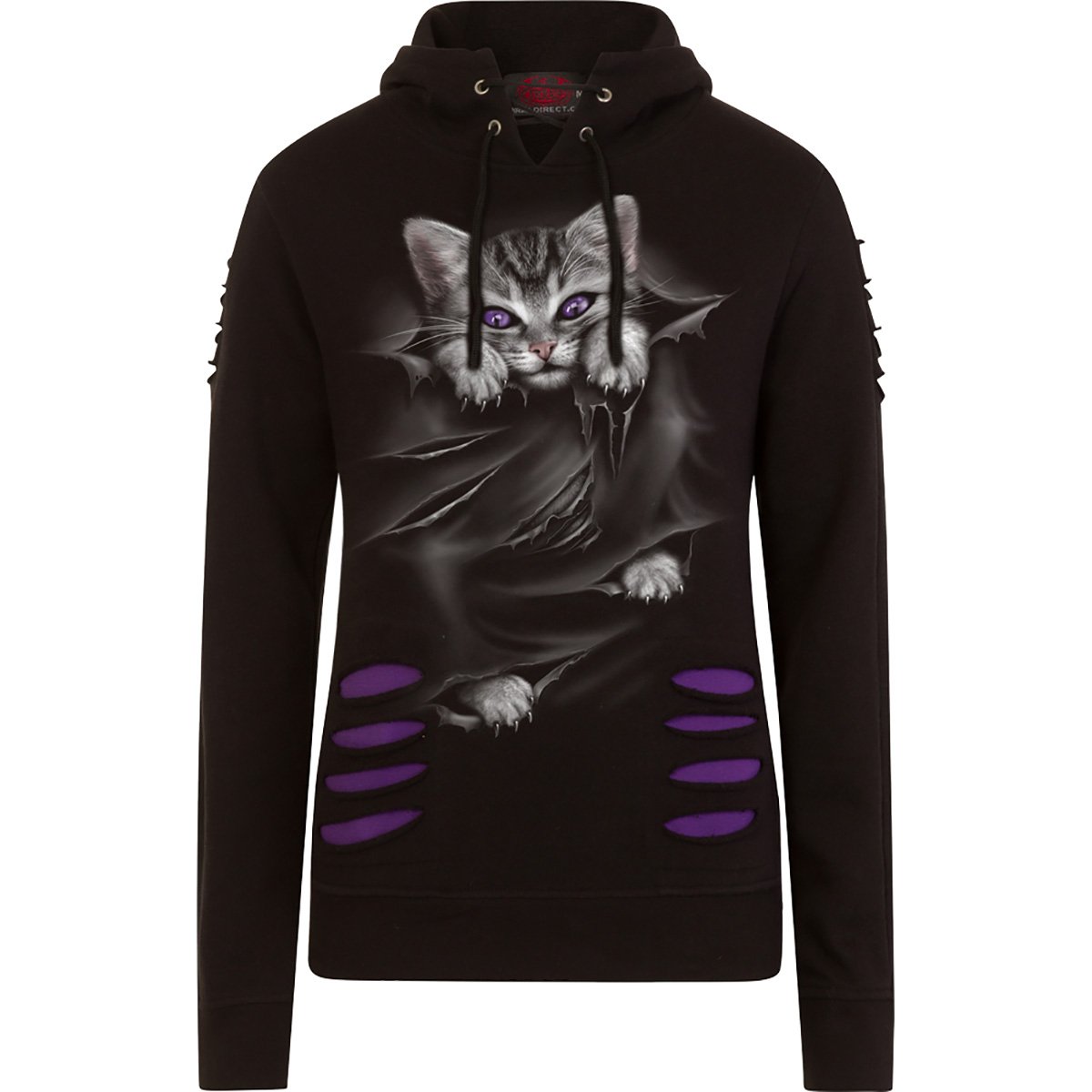 BRIGHT EYES Large Hood Ripped Hoody in Purple-Black featuring a cute kitten with purple eyes on a slashed top.