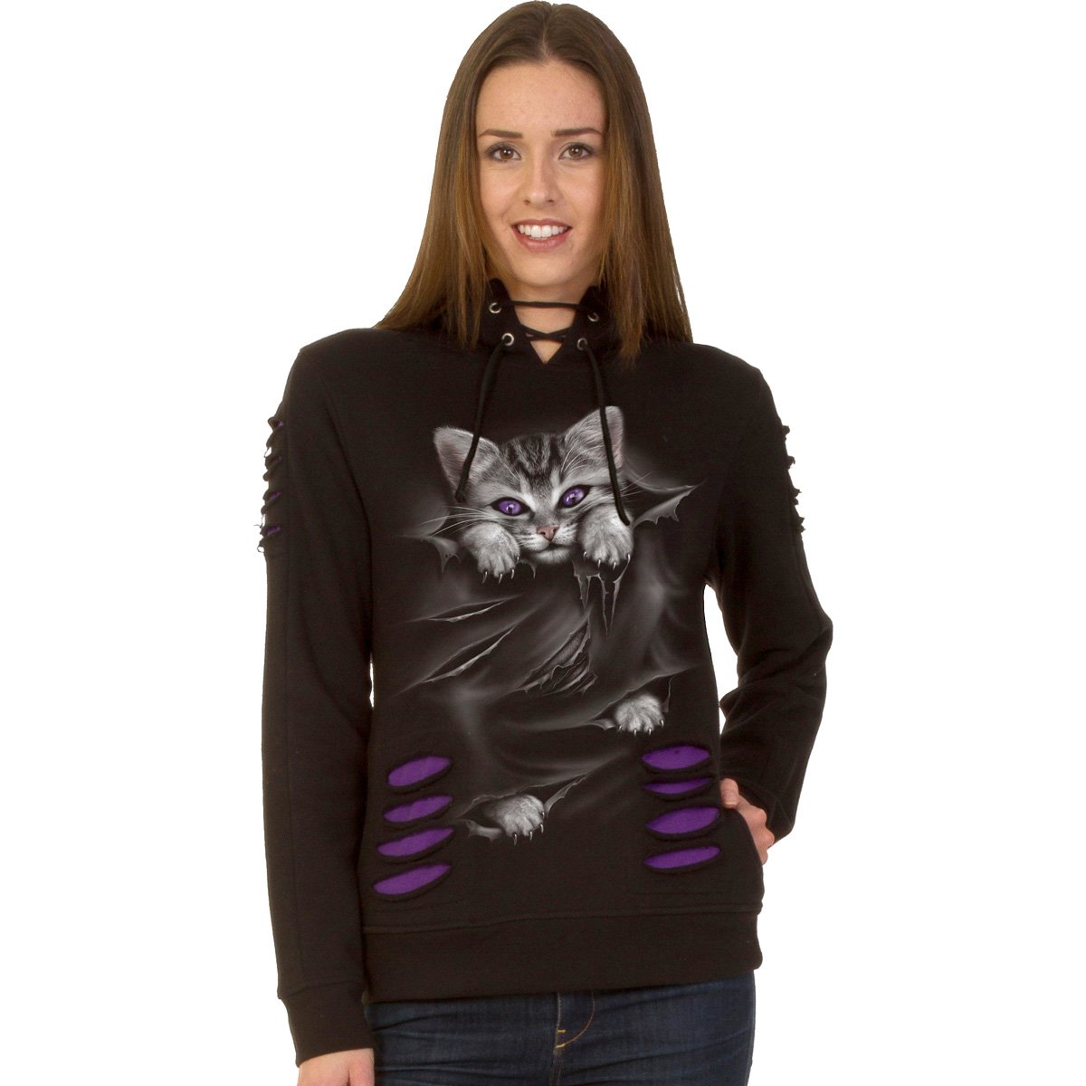 BRIGHT EYES Large Hood Ripped Hoody in Purple-Black featuring a cute kitten with purple eyes on a slashed top.