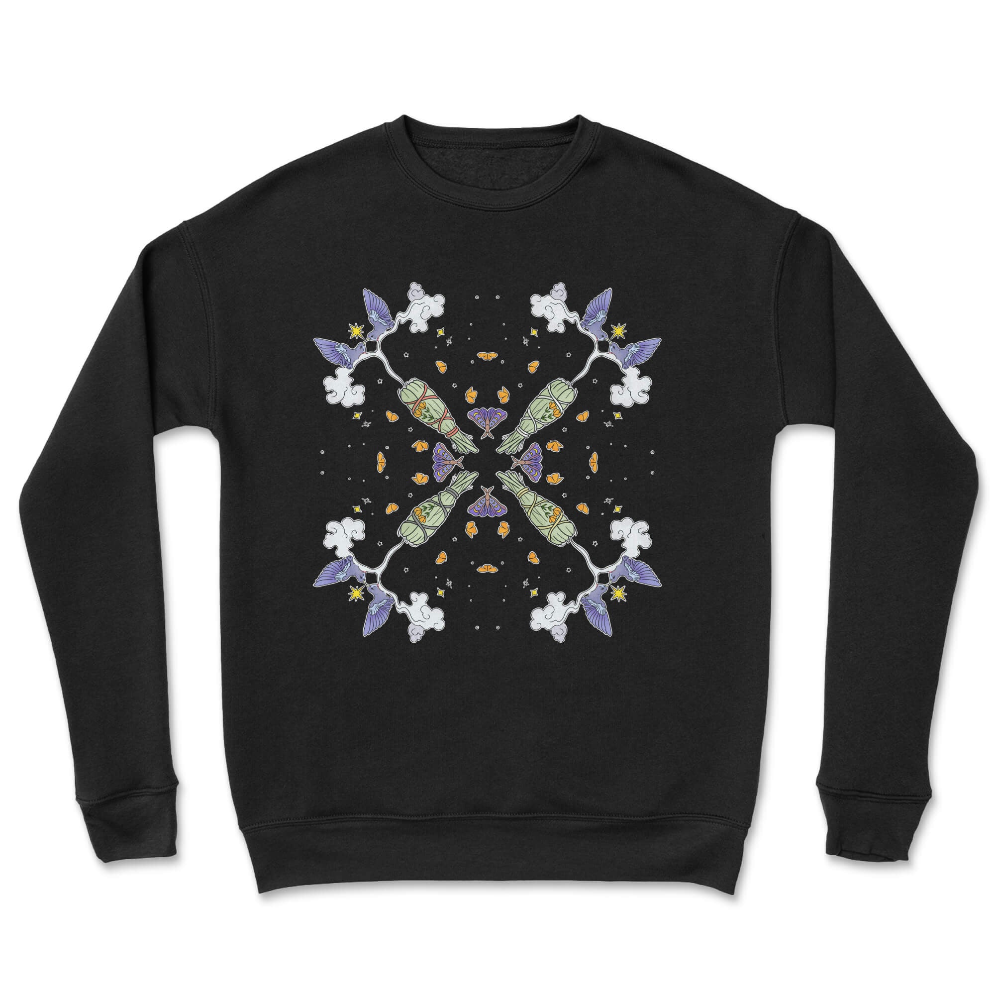 Butterfly Sage Crewneck featuring Indigenous artwork, showcasing vibrant colors and a comfortable fit.