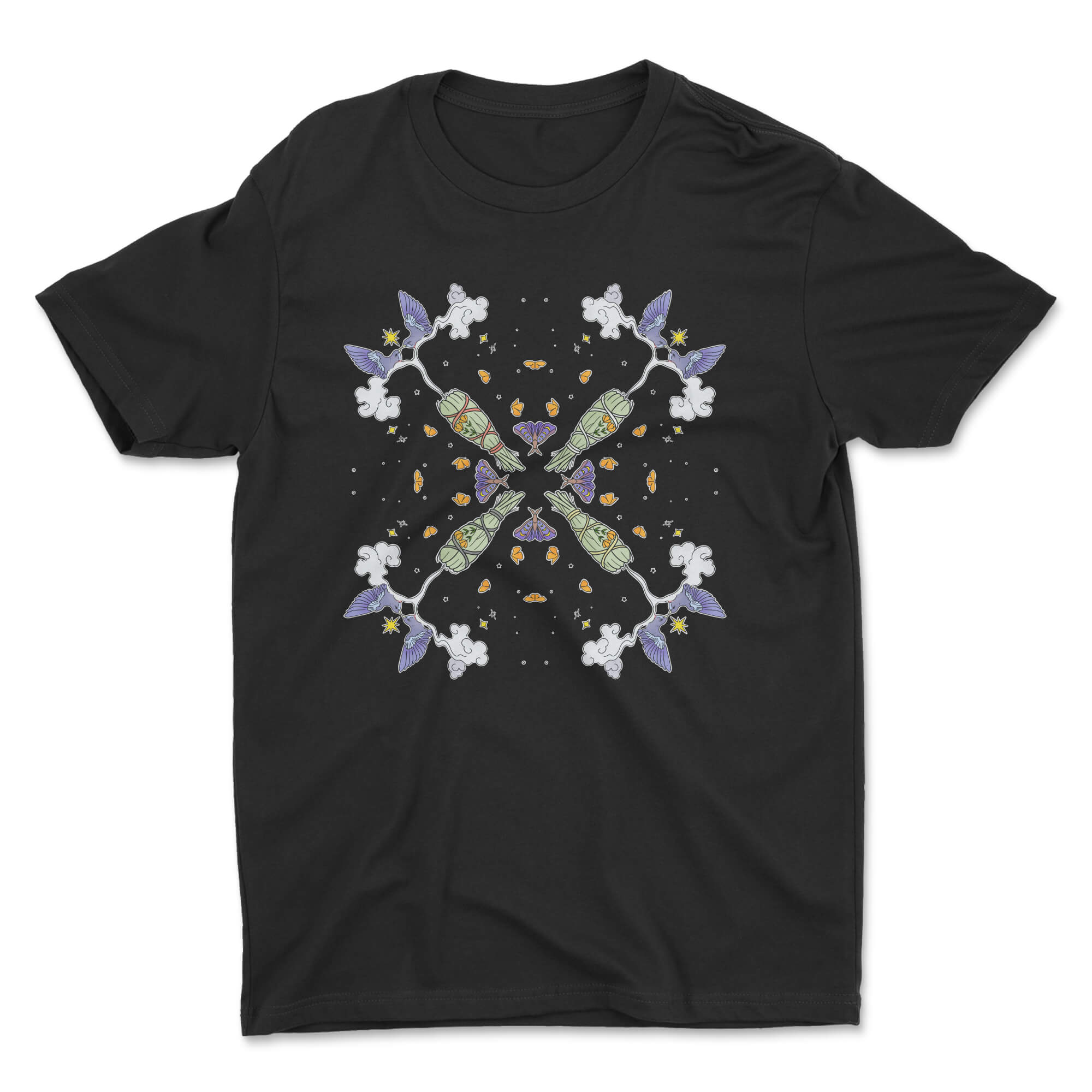 Butterfly Sage Tee featuring vibrant butterfly and sage designs, symbolizing transformation and healing, made from soft cotton fabric.