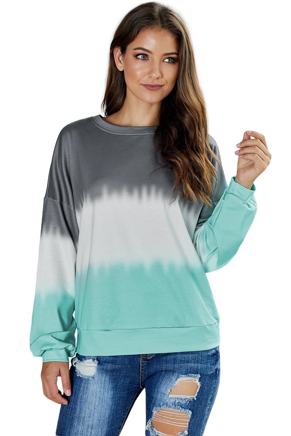 Casual gray color block tie dye pullover sweatshirt with oversized fit and gathered cuffs, perfect for casual wear.