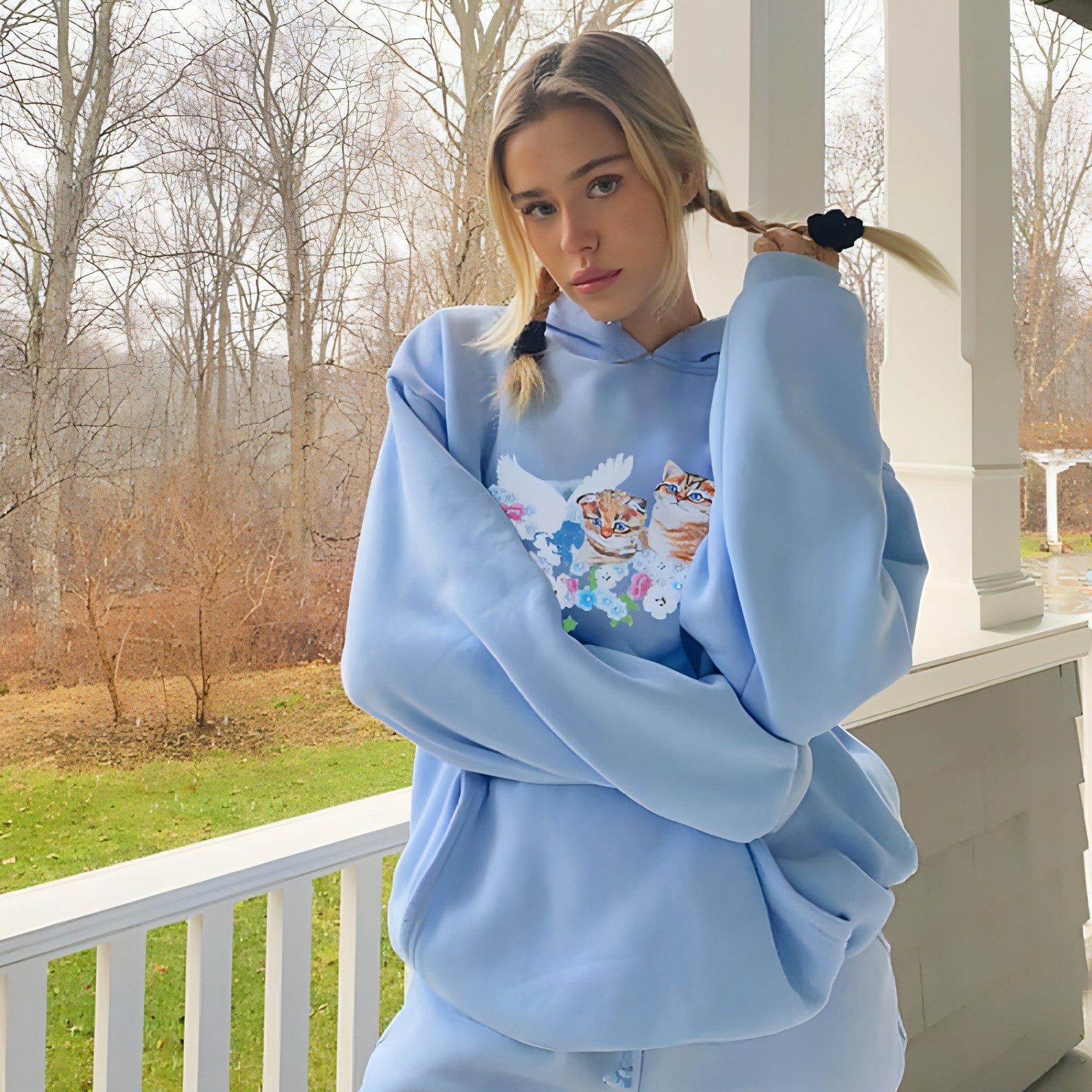 Main Cat Print Hooded Loose Pullover Long Sleeve Casual Sweater Women image