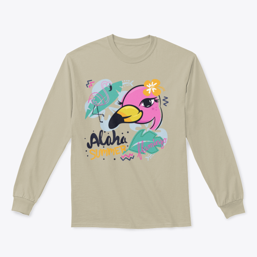 A charming pink flamingo cartoon design on a girl's t-shirt with a tropical background, showcasing vibrant colors and playful elements.