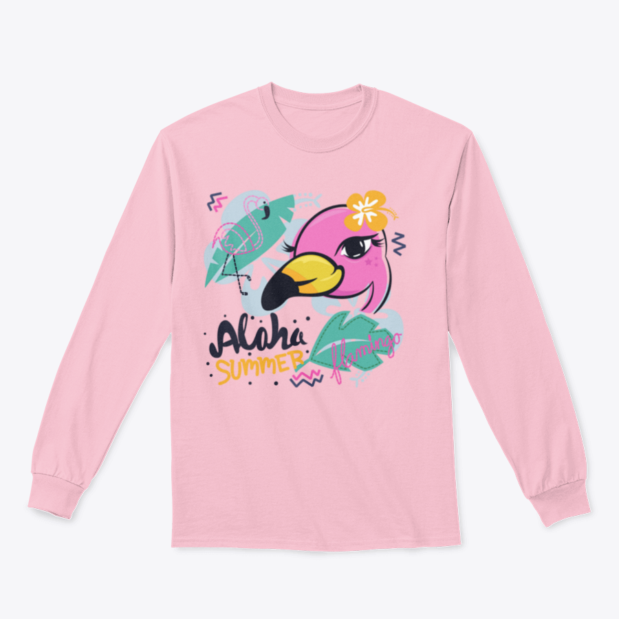 A charming pink flamingo cartoon design on a girl's t-shirt with a tropical background, showcasing vibrant colors and playful elements.