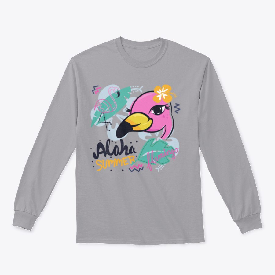 A charming pink flamingo cartoon design on a girl's t-shirt with a tropical background, showcasing vibrant colors and playful elements.