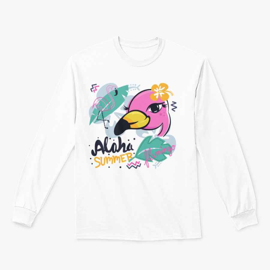 A charming pink flamingo cartoon design on a girl's t-shirt with a tropical background, showcasing vibrant colors and playful elements.
