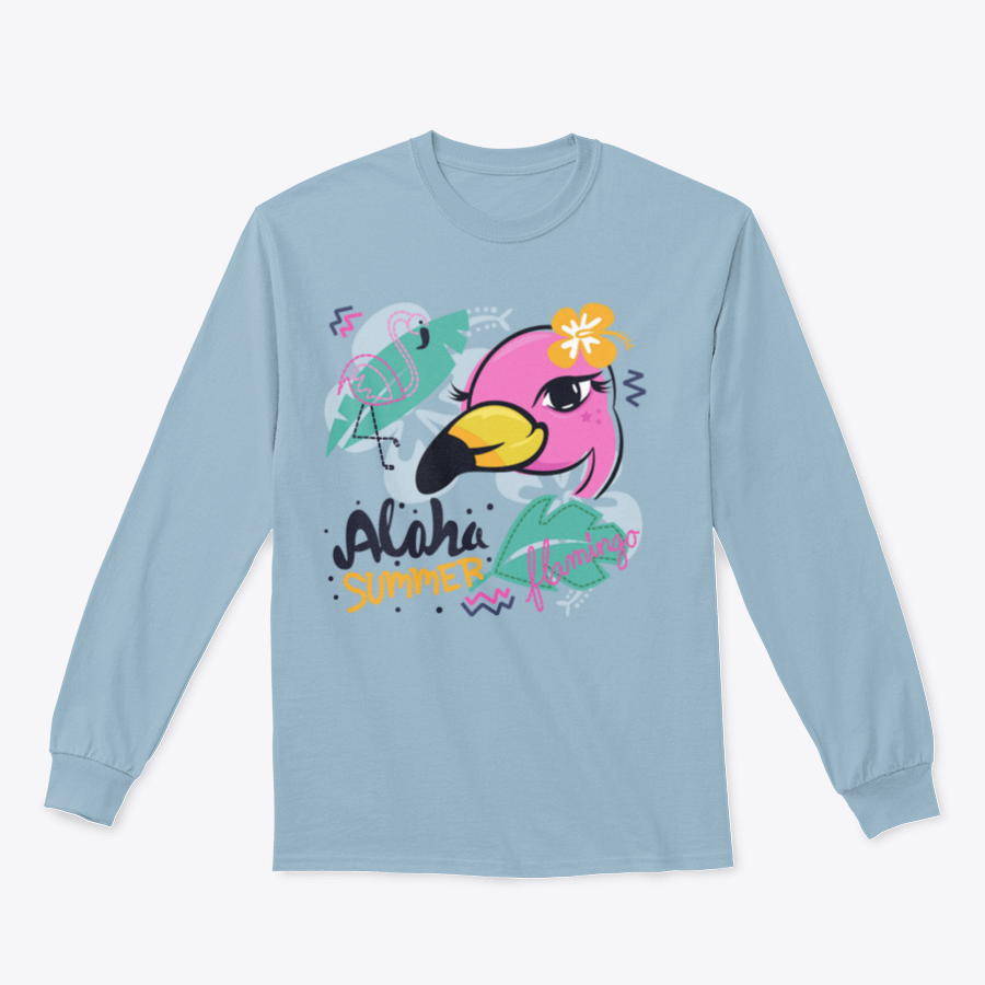 A charming pink flamingo cartoon design on a girl's t-shirt with a tropical background, showcasing vibrant colors and playful elements.