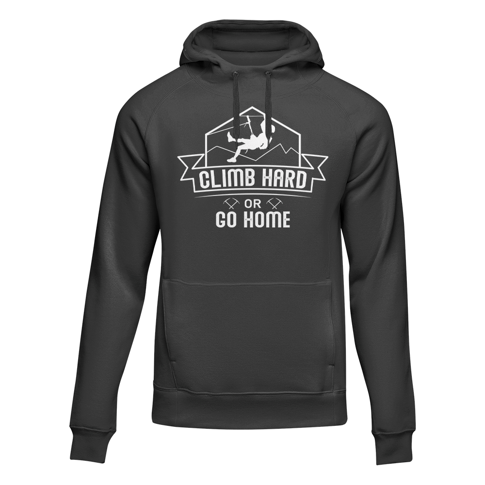 Climb Hard Or Go Home Unisex Hoodie in a stylish design, showcasing its comfortable fit and vibrant colors.