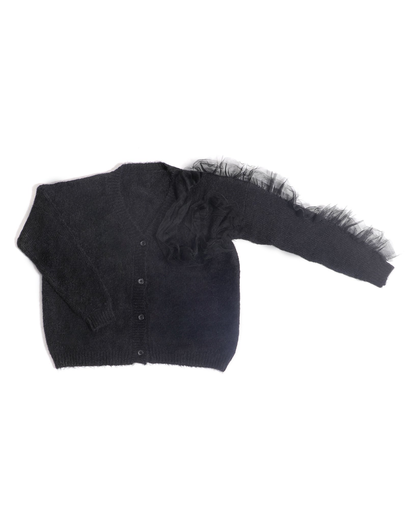 Collette Wool Blend Cardigan featuring ruffled organza sleeves and a v-neckline, styled casually.