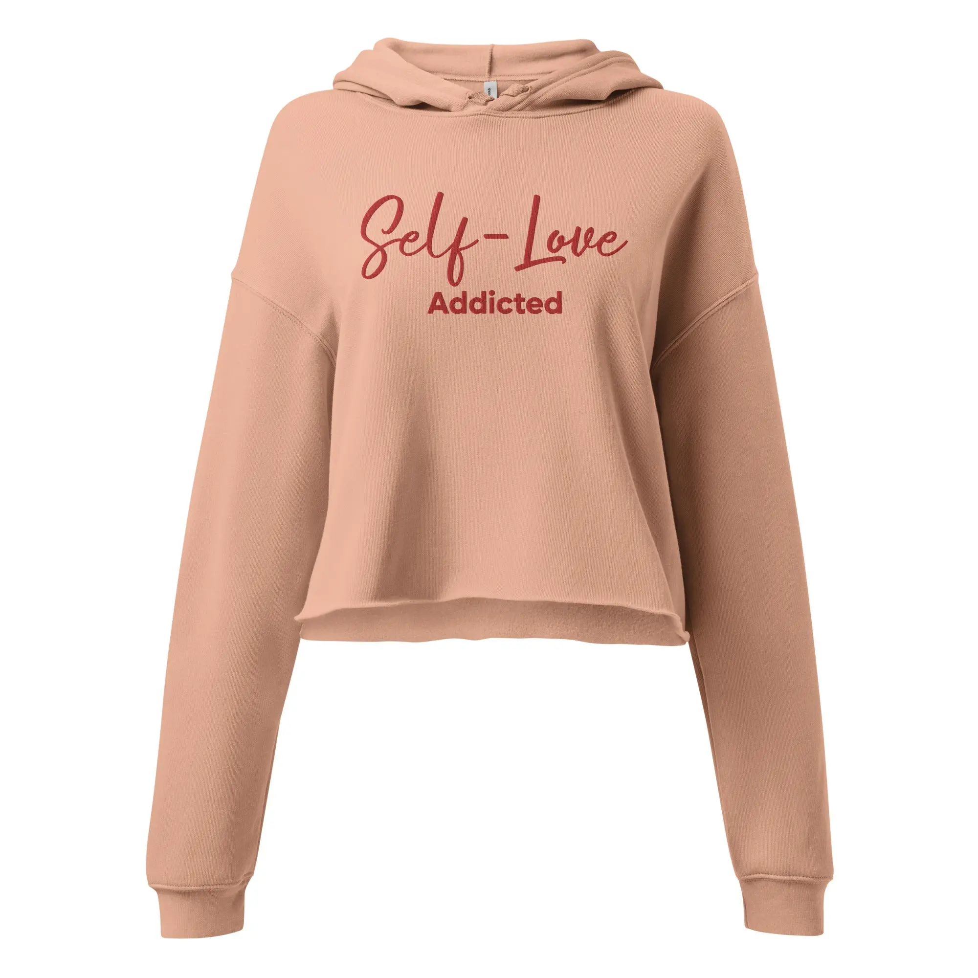 A stylish cropped hoodie featuring self-love embroidery, with a raw hem and matching drawstrings, perfect for casual wear.