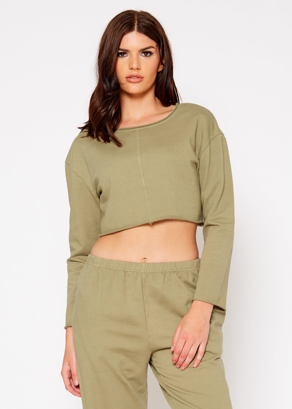 Cropped Scoop Neck Terry Sweatshirt in Olive, featuring a relaxed fit and raw hem details, made from 100% cotton.