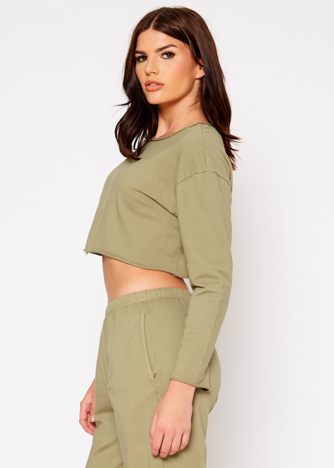Cropped Scoop Neck Terry Sweatshirt in Olive, featuring a relaxed fit and raw hem details, made from 100% cotton.