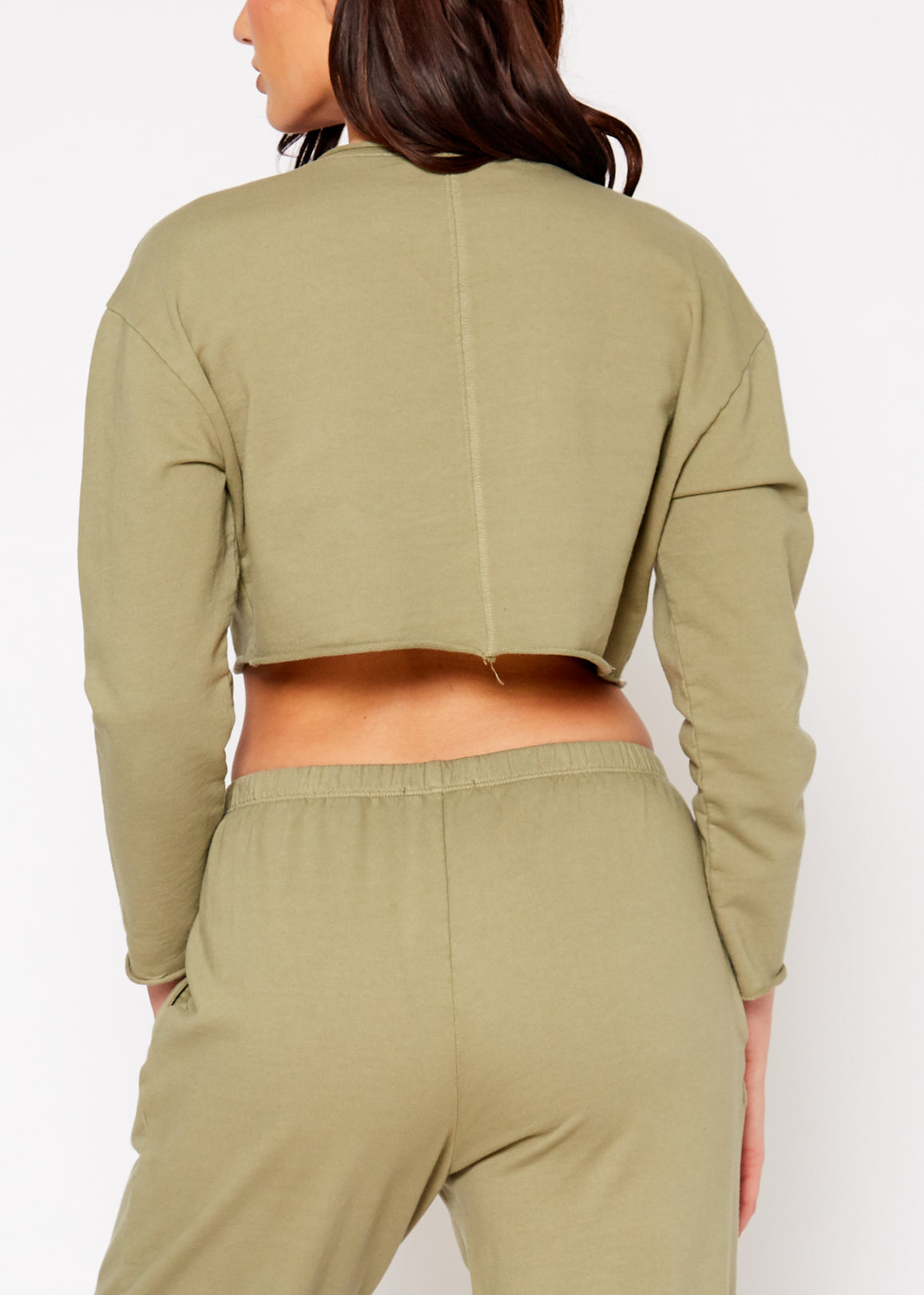 Cropped Scoop Neck Terry Sweatshirt in Olive, featuring a relaxed fit and raw hem details, made from 100% cotton.