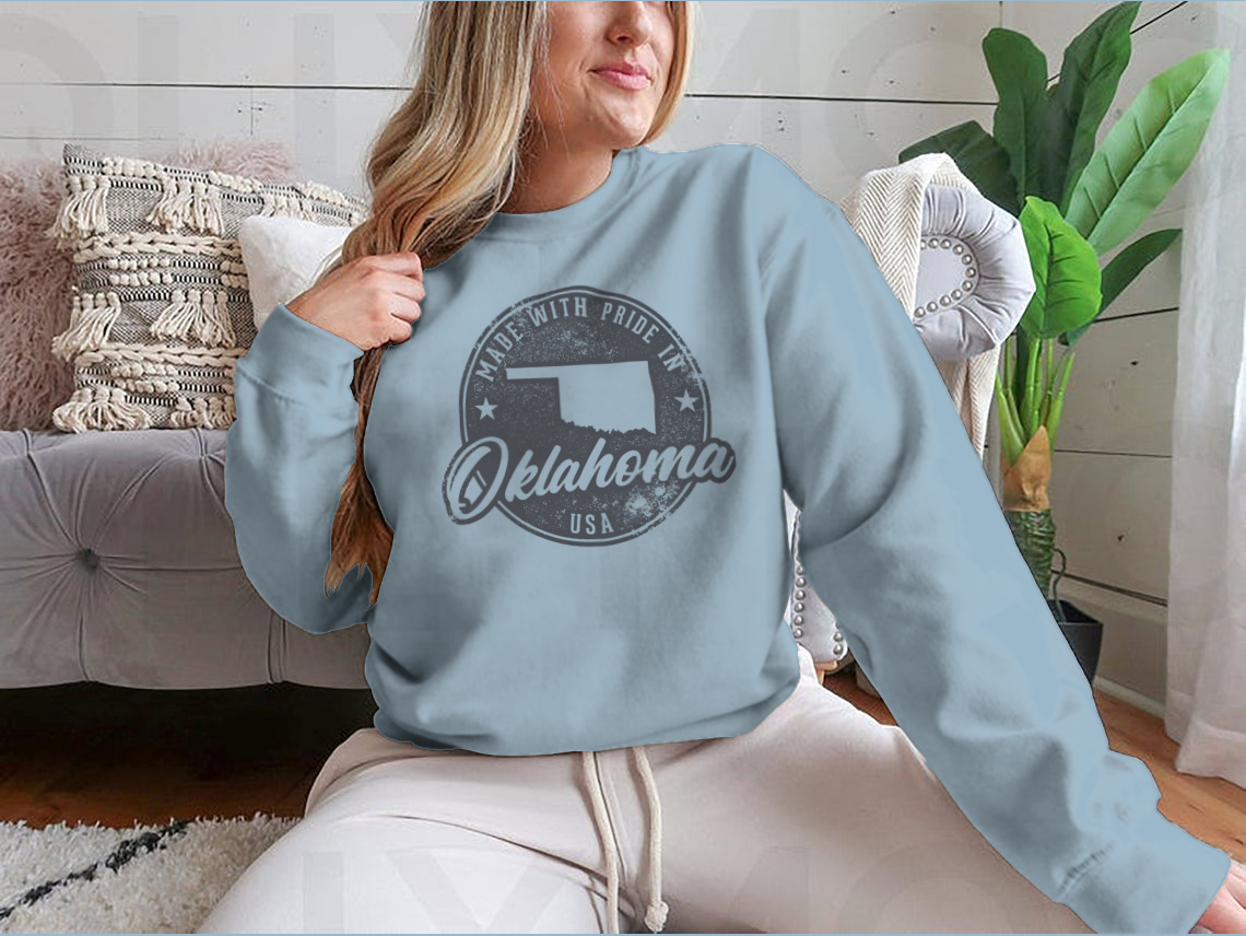 Customized Made In Oklahoma State Packaging Label Sweatshirt in various colors, showcasing its classic fit and quality fabric.
