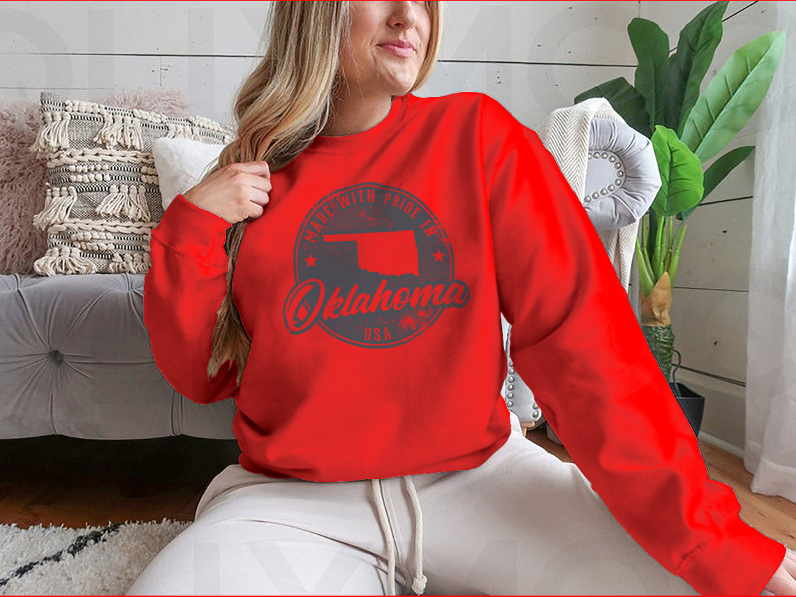 Customized Made In Oklahoma State Packaging Label Sweatshirt in various colors, showcasing its classic fit and quality fabric.