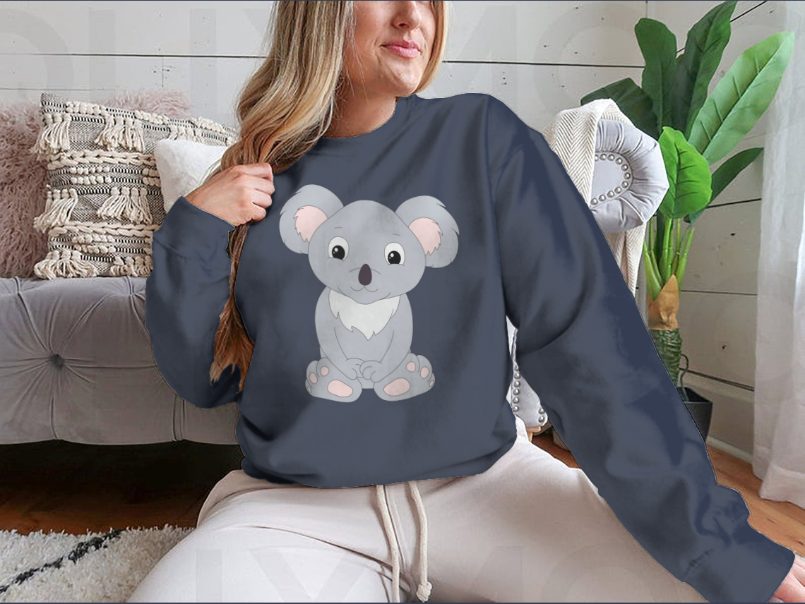 Cute Cartoon Koala design on a soft cotton fabric, isolated on a white background, showcasing its charming features.