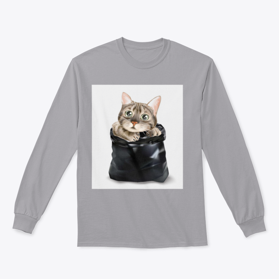 Illustration of a cute cat peeking out from a black trash bag, showcasing a whimsical and playful design.