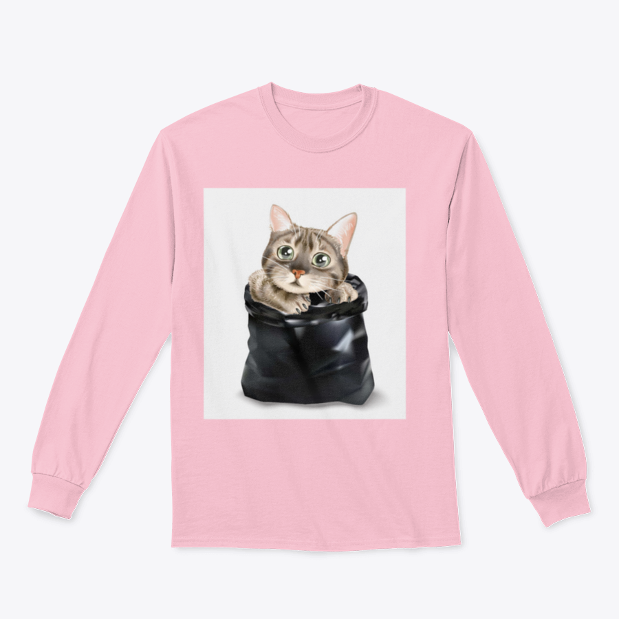 Illustration of a cute cat peeking out from a black trash bag, showcasing a whimsical and playful design.