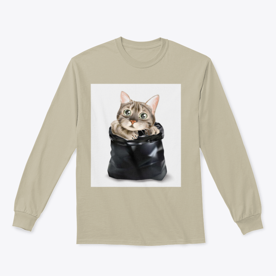 Illustration of a cute cat peeking out from a black trash bag, showcasing a whimsical and playful design.