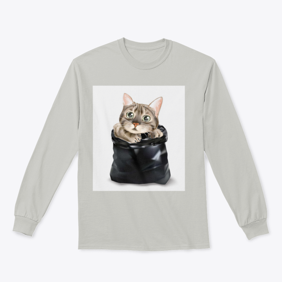 Illustration of a cute cat peeking out from a black trash bag, showcasing a whimsical and playful design.