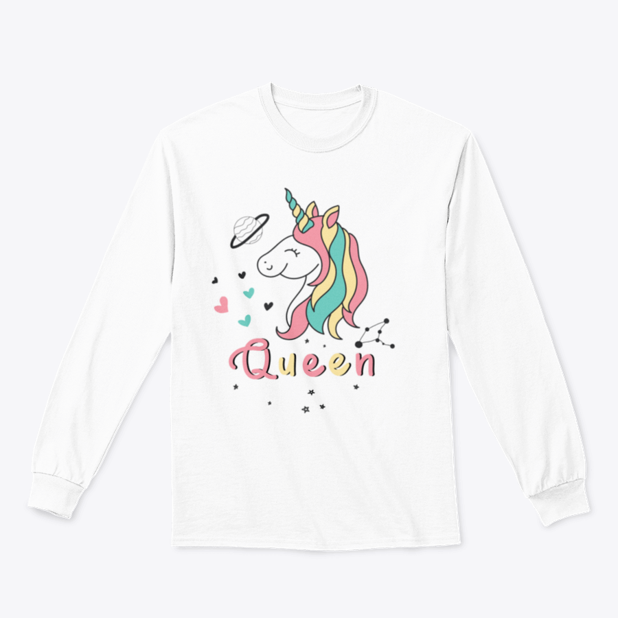 A colorful vector design featuring a cute unicorn surrounded by hearts, stars, and planets, perfect for whimsical apparel.