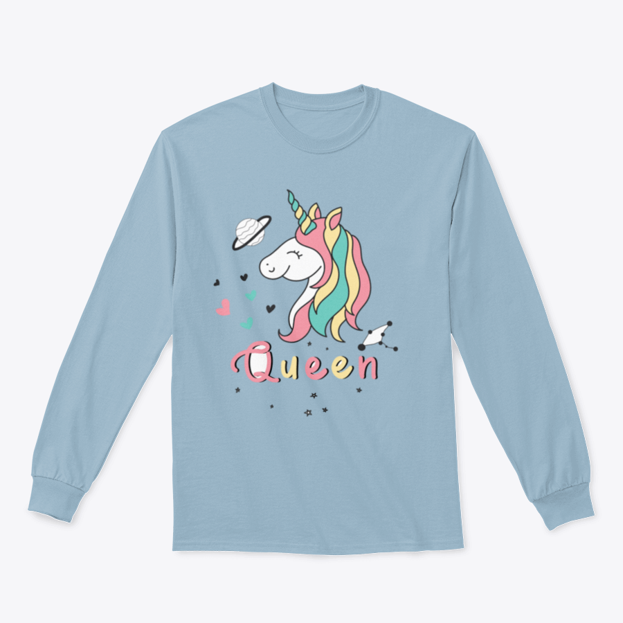 A colorful vector design featuring a cute unicorn surrounded by hearts, stars, and planets, perfect for whimsical apparel.