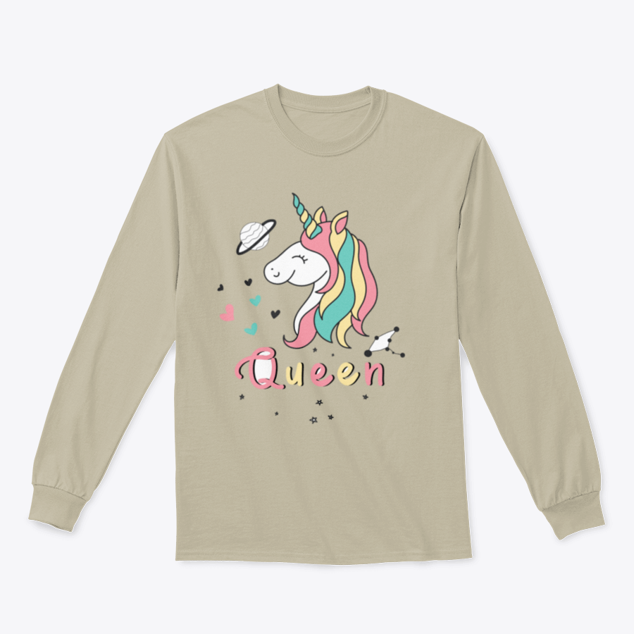 A colorful vector design featuring a cute unicorn surrounded by hearts, stars, and planets, perfect for whimsical apparel.