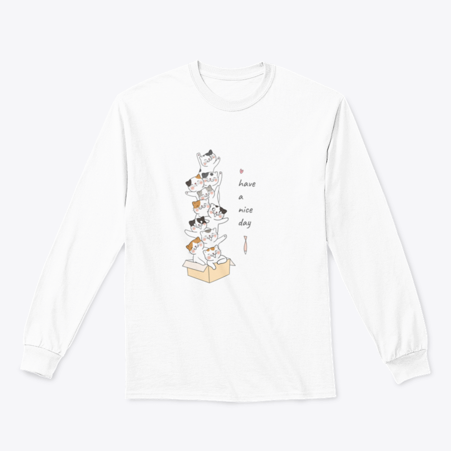 A cute vector illustration of a cat in a brown box with the text 'Have A Nice Day' on a soft t-shirt.