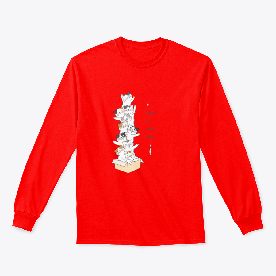 A cute vector illustration of a cat in a brown box with the text 'Have A Nice Day' on a soft t-shirt.