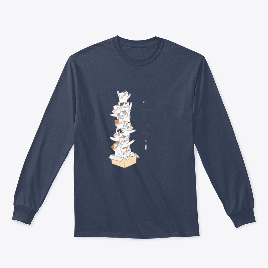 A cute vector illustration of a cat in a brown box with the text 'Have A Nice Day' on a soft t-shirt.