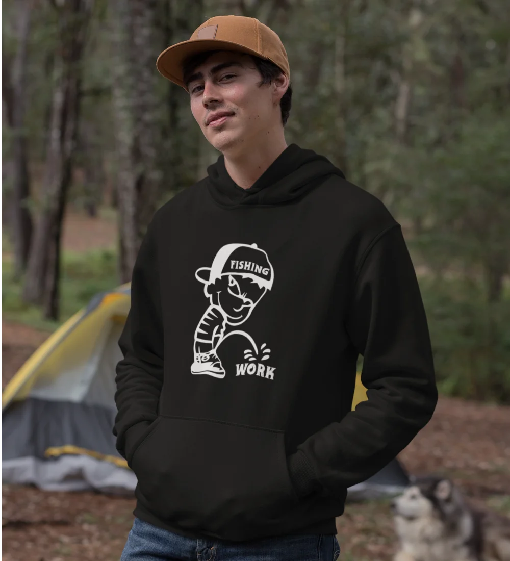 Fishing And Work Unisex Hoodie in a classic fit, showcasing its comfortable design and eco-friendly materials.