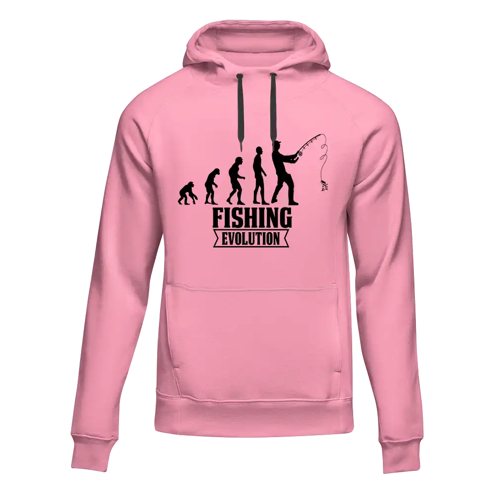 Fishing Evolution Unisex Hoodie featuring a unique fishing design, made from comfortable cotton-polyester blend, suitable for both men and women.