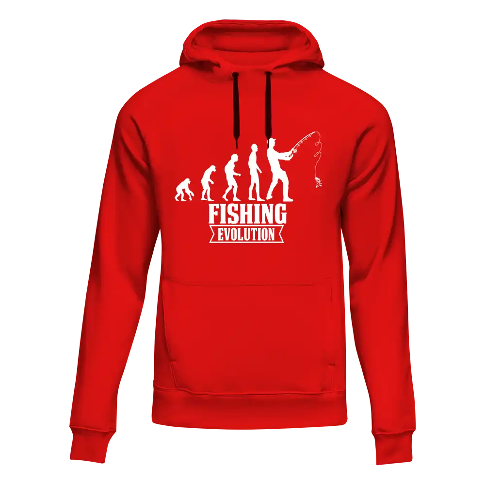 Fishing Evolution Unisex Hoodie featuring a unique fishing design, made from comfortable cotton-polyester blend, suitable for both men and women.