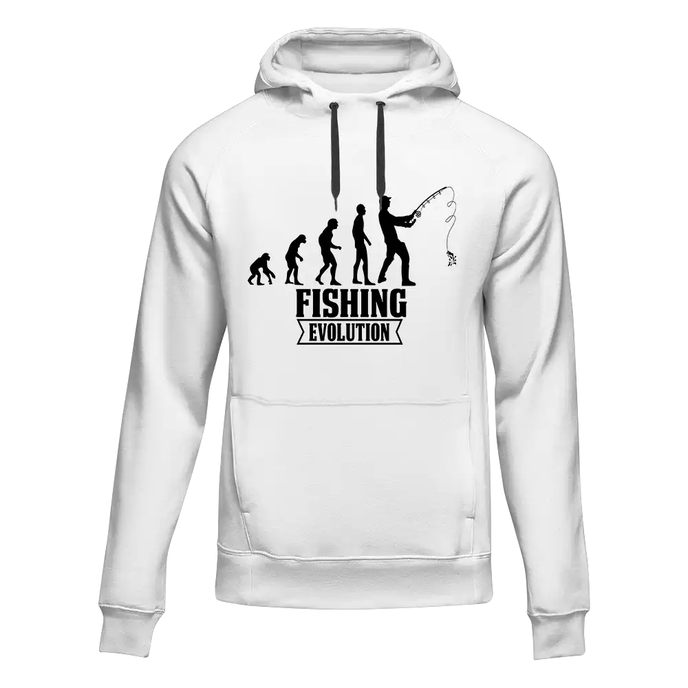 Fishing Evolution Unisex Hoodie featuring a unique fishing design, made from comfortable cotton-polyester blend, suitable for both men and women.