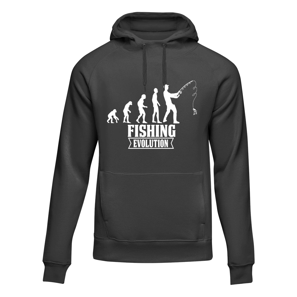 Fishing Evolution Unisex Hoodie featuring a unique fishing design, made from comfortable cotton-polyester blend, suitable for both men and women.