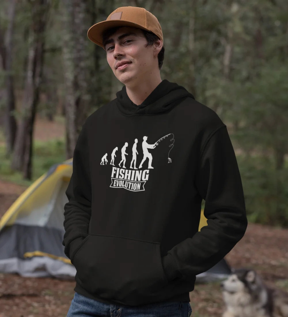 Fishing Evolution Unisex Hoodie featuring a unique fishing design, made from comfortable cotton-polyester blend, suitable for both men and women.