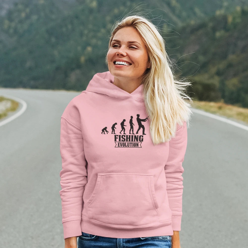 Fishing Evolution Unisex Hoodie featuring a unique fishing design, made from comfortable cotton-polyester blend, suitable for both men and women.
