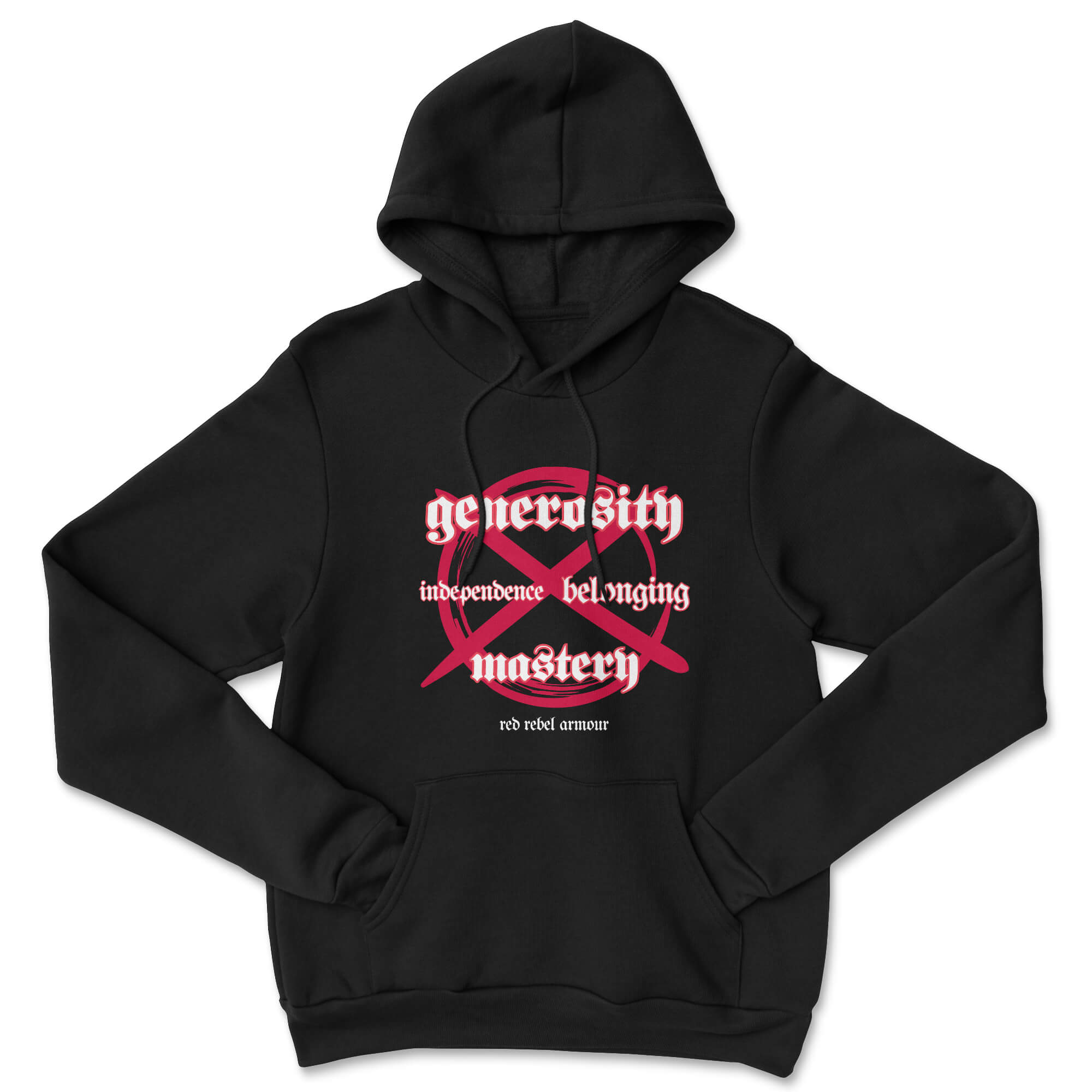 A stylish Four Pillars Hoodie featuring the words Generosity, Independence, Belonging, and Mastery in a red circle, symbolizing community spirit.