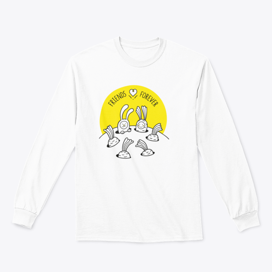 A cute illustration of a bunny rabbit and a baby carrot symbolizing friendship, designed for children's apparel.