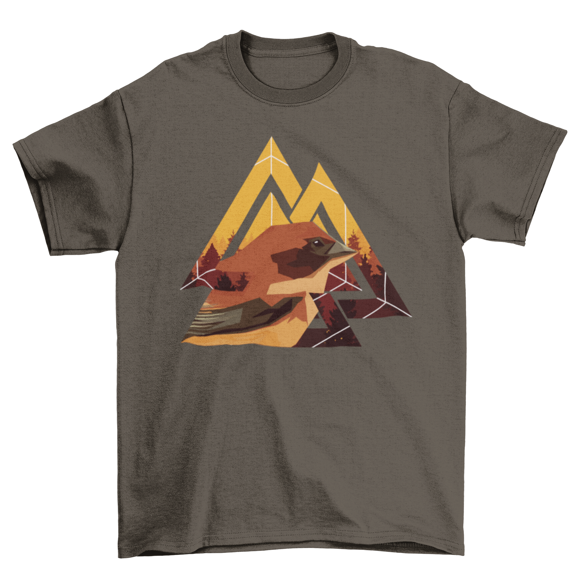 Geometric Bird T-shirt featuring an abstract triangle design with a bird illustration, showcasing vibrant colors and modern art style.