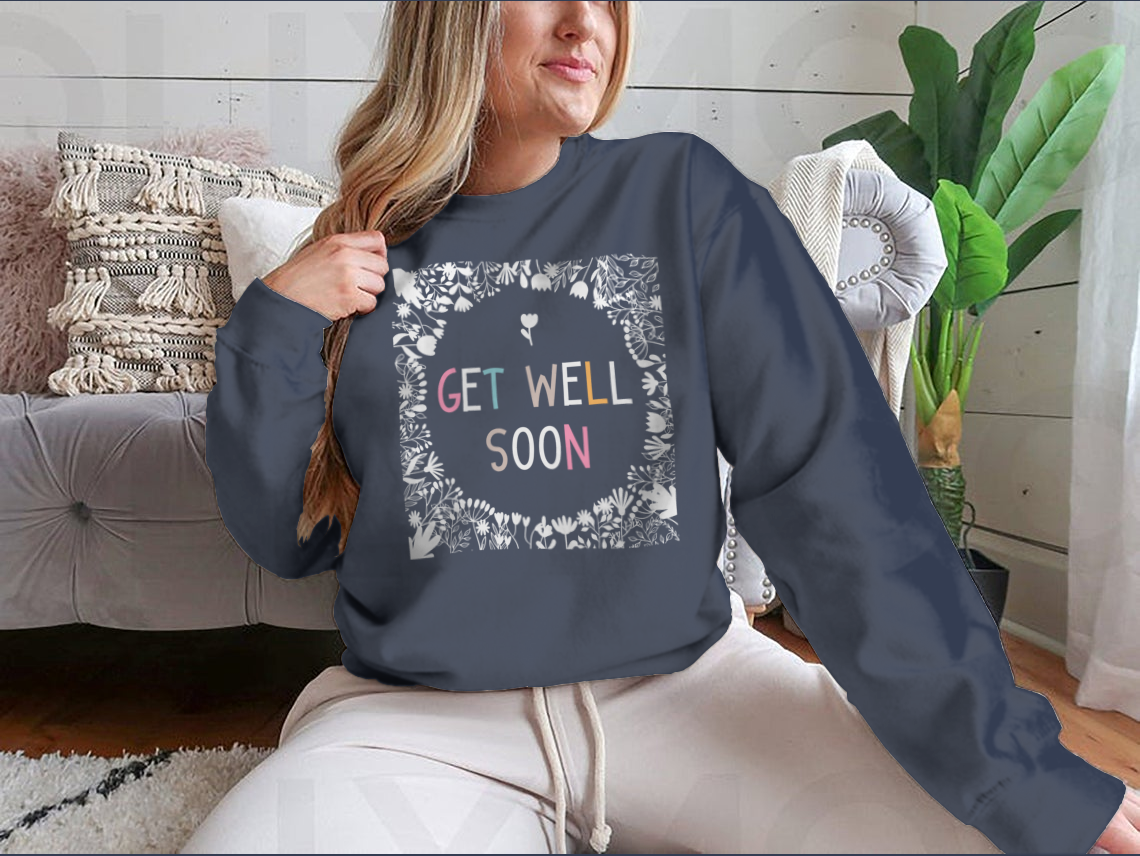 Get Well Soon lettering design on a soft cotton fabric, showcasing an inspirational phrase for motivation and recovery.