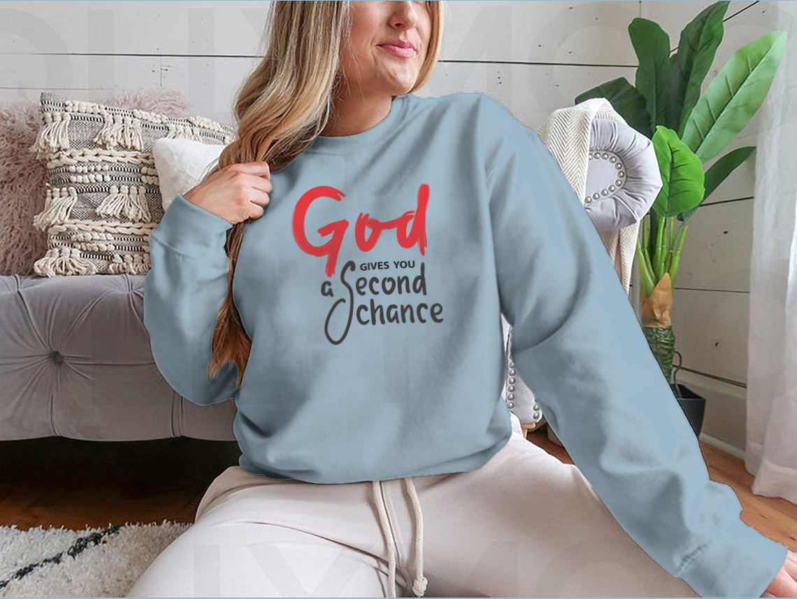 A motivational religious quote shirt featuring 'God Gives You Second Chance' printed on soft cotton fabric, showcasing a classic fit.