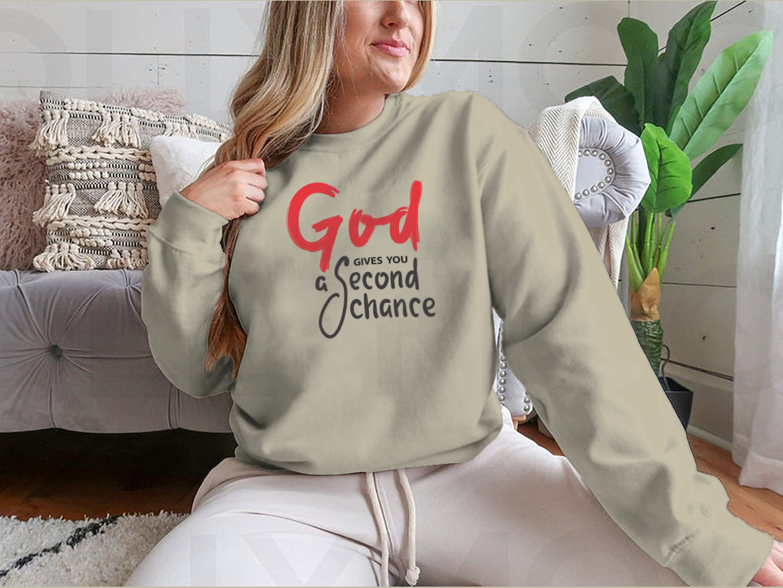 A motivational religious quote shirt featuring 'God Gives You Second Chance' printed on soft cotton fabric, showcasing a classic fit.