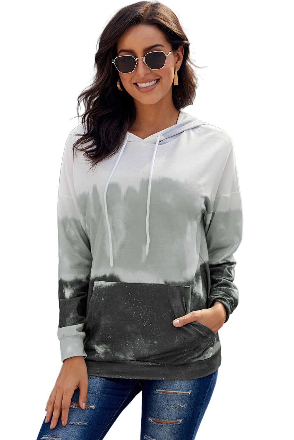 Gray tie dye gradient long sleeve pullover hoodie with adjustable drawstring and kangaroo pocket.