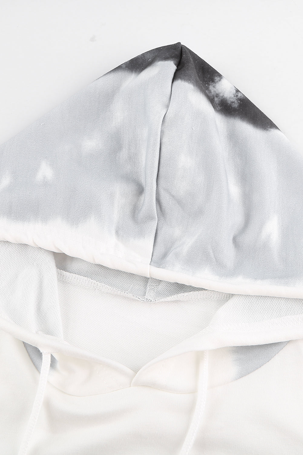 Gray tie dye gradient long sleeve pullover hoodie with adjustable drawstring and kangaroo pocket.