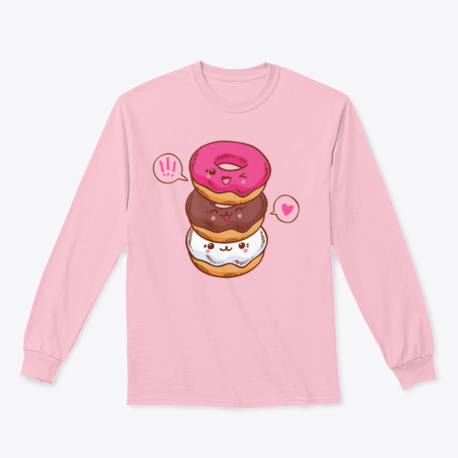 A colorful illustration of three cute kawaii donuts, perfect for T-shirt design, showcasing their playful and vibrant features.
