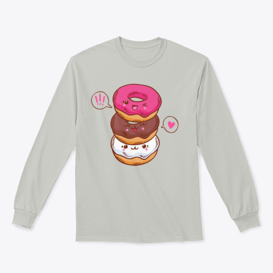 A colorful illustration of three cute kawaii donuts, perfect for T-shirt design, showcasing their playful and vibrant features.